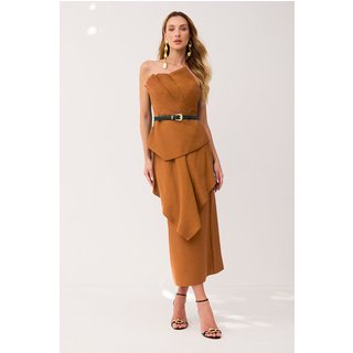 Saia Super Midi Lisa Com Babado Ocre Charry