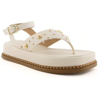 Sandália Flatform Dedo Papete Feminina Aplique Tachas Douradas Off White 23402