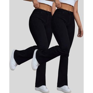 Kit 2 Calça Flare Jeans Feminina Tex Jeans Boca de Sino Cintura Alta Modeladora com Elastano Preta