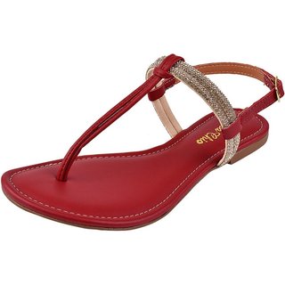 Rasteirinha Rosa Chic Calçados Sandália Feminina Flat Strass Brilho Vermelho