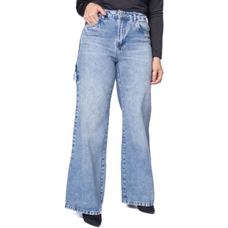 Calça Jeans Feminina Sawary Wide Leg Estonado Azul