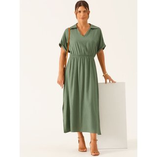 Vestido Decote V Longuete em Viscose Verde Vanderleia