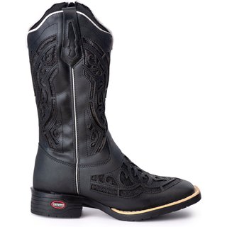 Bota Couro Campero Texana Bordada Cano Longo Preto
