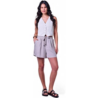 Shorts Feminino Elástico Listrada Viscose Caqui Escuro Incolor