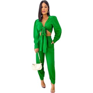 Cropped Manga Longa Viscose Amarração Transpasse Verde