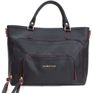 BOLSA FEMININA EM COURO ALÇA DE MÁO PRETA COM VERMELHO "ABIGAIL MUNIZ"""