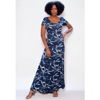 Vestido Longo Cabanafree Malha Gola Canoa Manga Curta Hibisco Blue