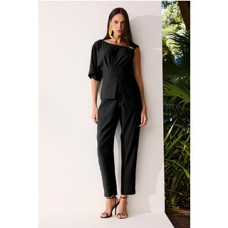 Calça Alfaiataria Lisa Com Bolsos Desenhados Preto Charry
