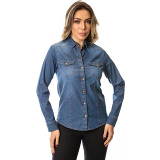 Camisa Jeans Manga Longa Com Bolsos Feminina Crocker