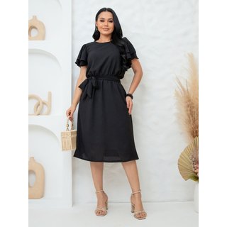 Vestido Midi FS CONCEPT Manga Curta com Babados e Cinto Moda Modesta Preto