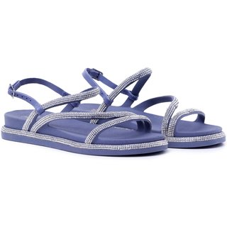 Sandália Rasteira Casual Nine4 Tiras Finas Strass Brilhante Azul