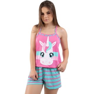 Baby Doll Estampado Estampa Unicórnio Pijama Curto Short e Regata Verão Com Tapa Olho 4 Estações Rosa