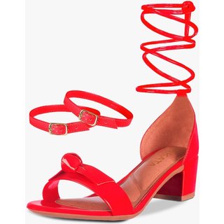 Sandália Feminina Salto Quadrado Grosso Bloco Baixo tira Laço Nó Verniz Confortável Sapato Festa elegante Vermelho