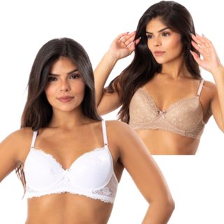 Kit 2 Sutiã Básico Com Bojo Rendado Reflexo íntimo Lingerie Com Aro Alça Ajustável Bege e Branco