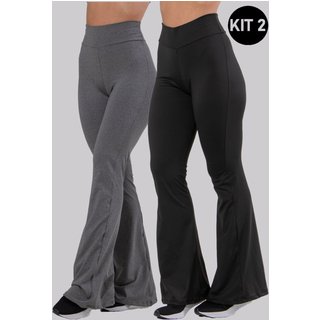 Kit 2 Calças Academia Flare Suplex Bailarina Boca de Sino 4 Estações Preto e Cinza