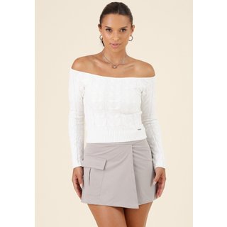 Short Saia Pop Me Em Alfaiataria Sarjada Com Bolso Cargo Cinza Médio