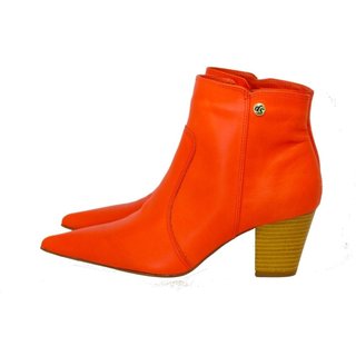 Bota Feminina Bico Fino Cano Curto Couro Salto 6 cm Laranja
