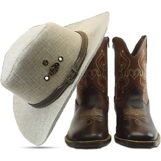 Chapéu + Bota Em Couro Boiadeira Agroboy Autêntico Estilo Pecuária