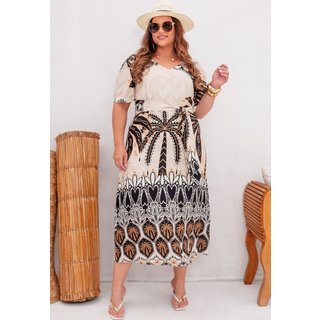 Vestido Midi Plus Size Estampado Manga Princesa Bege