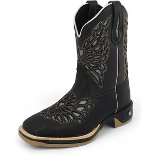 Bota Feminina RR Botas Texana Country Couro Detalhe Laser Bico Quadrado Confortável Preta