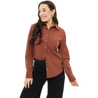 Camisa Social Feminina Olimpo Lisa com Elastano Manga Longa Marrom