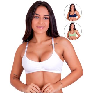 Kit 3 Sutiã Canelado Gabi Lingerie Sem Bojo Microfibra Lingerie Top Conforto Detalhe Franzido Multicolorido