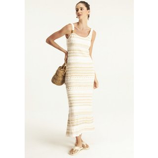 Vestido Tricot Cantão Longo Listrado Off-White