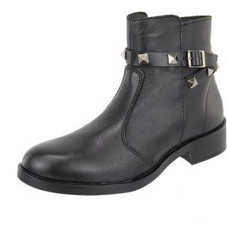 Bota Em Couro Cano Médio Fivela Pirâmide Botinha Coturno Ziper Lateral Calce Facil Agnes Veronez Preto