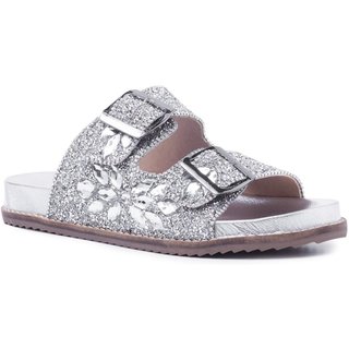 Sandália Feminina Papete Flatform Pedraria Brilho Fivela Preto 33 Prata