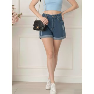 Shorts Jeans Feminino Cintura Alta Barra Dobrada Detalhes Modernos