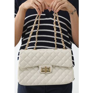 Bolsa Feminina Maria Milão Matelassê Off White com Corrente Dourad