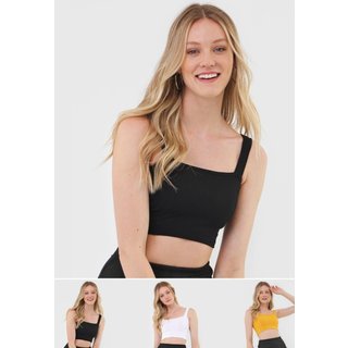 Kit 3 Croppeds Salvatore Top Faixa Comfy Malha Canelada Preto, Branco e Mostarda
