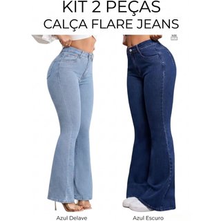 Kit 2 Calças Flare Estilo Gringa Niha Jeans Casual e Confortavel Azul Escuro e Delavê