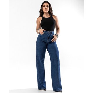 Calça Jeans Wide Leg Feminina Cintura Alta Básica Algodão 29000 Escura Consciência