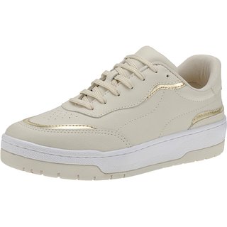 Tênis Feminino Casual com Detalhes Metalizado Fitness Dia a Dia Academia Confortável Plataforma 26060 Champanhe / Ouro