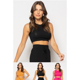 Kit 3 Croppeds Regata Recorte Malha Salvatore Fashion Mostarda, Preto e Pink