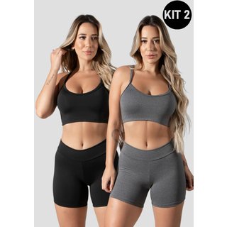 Kit 2 Conjuntos Feminino Fitness Top alça fina e Short Curto Suplex Lisa Treino Academia 4 Estações Preto/Cinza