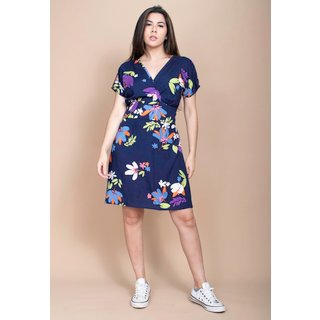Vestido Cabanafree Curto Viscose Elastex nas Costas Estampa Festa das Flores Azul