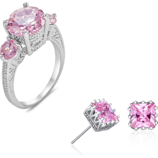 Exquisite 3 Stone Cubic Zirconia Ring & Earrings Set - Gold or Silver Plated, 2-Piece Jewellery Gift | Wowcher