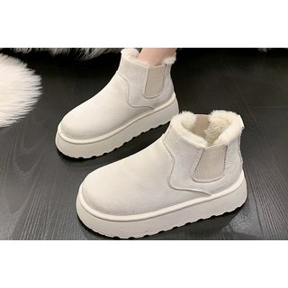 Unisex UK 6.5 / KHAKI: A pair of - faux fur platform Chelsea boots | Wowcher
