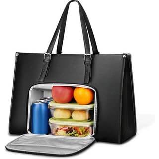 Black Women's Vegan Leather Tote Bag with Insulated Lunch Compartment - Large Work Satchel, Adjustable Strap, Organiser Pockets | Wowcher
