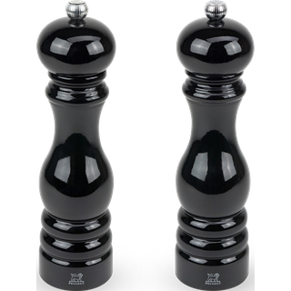 The very trendy glossy black lacquer on the rounded shape of the iconic Paris Mill Set, 22cm, turns this beautiful pair into artefact for the table. This wood salt and pepper mill set is turned, painted and assembled in France, at the Peugeot Manufacture. Paris