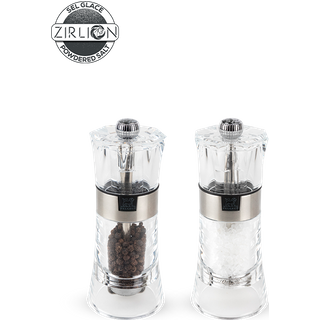 The transparency of the acrylic used to make the Oslo duo of salt and pepper mills makes the best use of the beauty of the contents of the mills. The subtle note of stainless steel adds a charm to this piece with crystal-clear transparency. Oslo