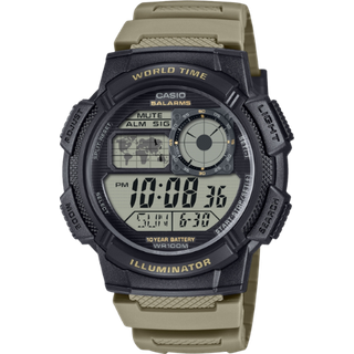 Casio Youth AE-1000W-5AVEF World Time Orologio Digitale Sportivo da Uomo - Cinturino Verde Oliva in Resina