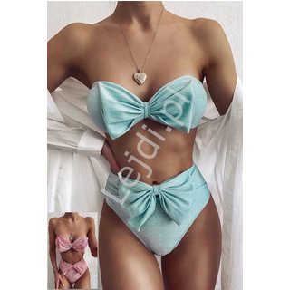 Bikini brokatowe z kokardą na biuście turkusowe lub różowe