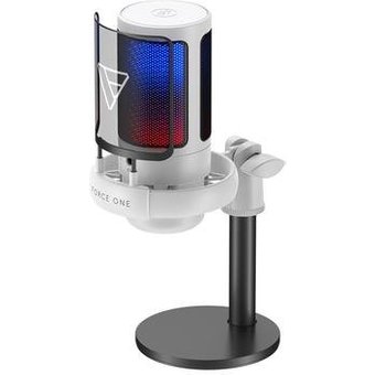 Microfone Gamer Force One Hero, RGB, Botão De Mute, USB, Cardicóide ou Unidirecional, Branco - FR.MC.HE.01