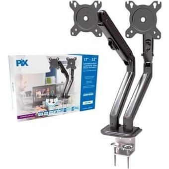 Suporte para 2 Monitores 17" a 32" PIX, Braço Mecânico, Ajustável, Morsa, Preto - PX-25
