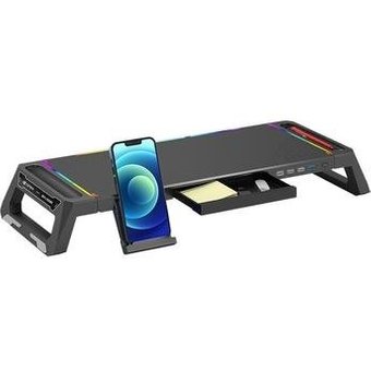 Suporte Base para Monitor C3Tech, RGB, Suporta Até 50kg Dobrado e 20kg Aberto, 1 Saída USB 3.0 e 3 Saídas USB 2.0, Preto - BM-L100BK