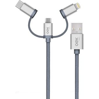 Cabo Trio OEX CE301, USB Com Conectores Micro USB, Type-C E Lightning em Nylon Trançado, 1 Metro, Cinza - 487379