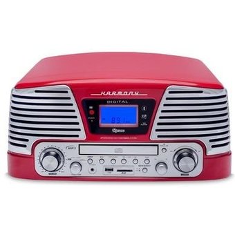 Toca Discos Vitrola Raveo Harmony BT - Bluetooth, CD, MP3, USB e SD Reproduz e Grava, Aux. e FM 10W RMS Bivolt Vermelho